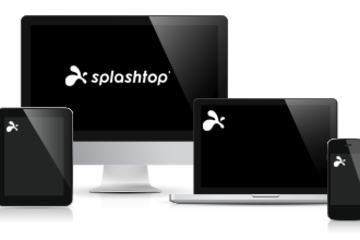 A computer, laptop, mobile device, and tablet all with the Splashtop remote desktop app.
